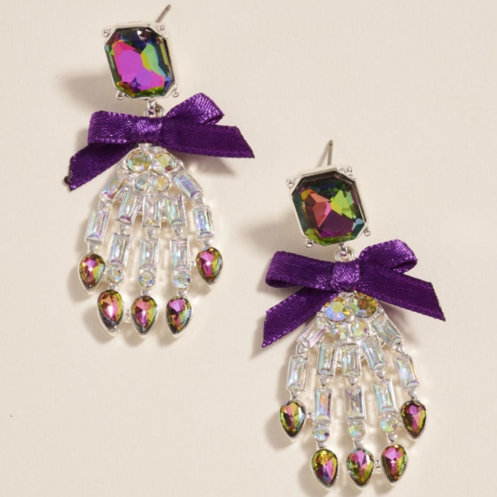 Abalone Silver Skeleton Hand Earrings 2.1" Crystal Bow Drop Dangle Jewelry